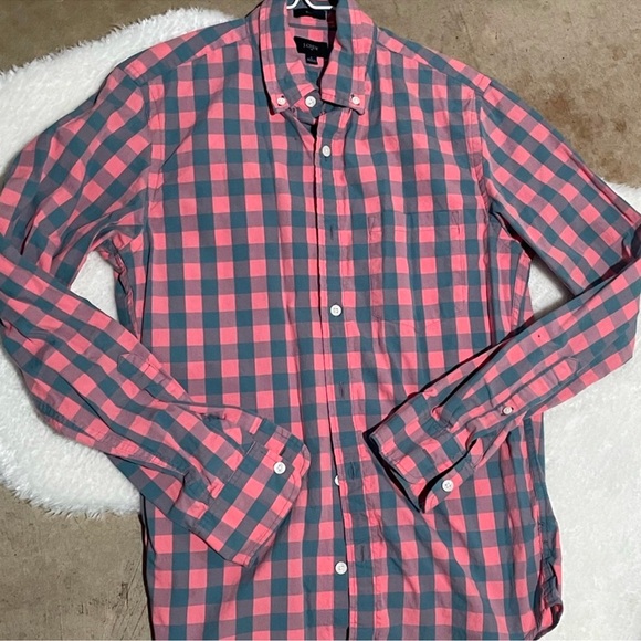 J. Crew Factory‎ Men’s Pink Blue Checkered Plaid slim cotton button down shirt S - Picture 5 of 7